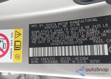 2019 Lexus Es 350 from USA, damaged, VIN 58ABZ1B11KU021739